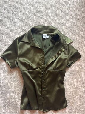 Princess Polly Olive Green Satin Short-Sleeve Button Blouse
